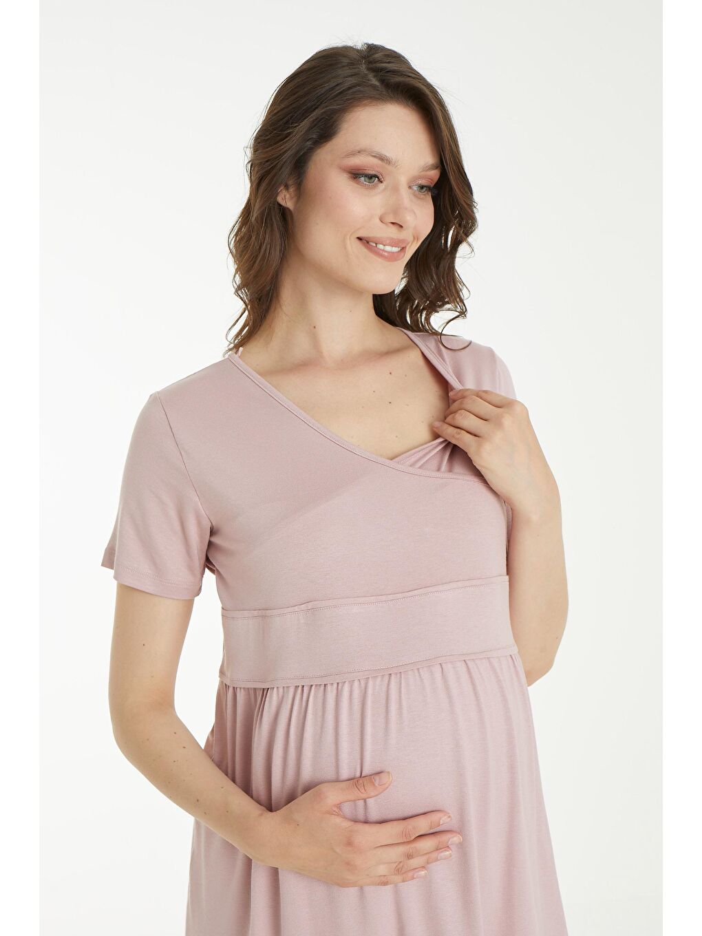 Pembe Pudra Beyaz Desen Sabahlıklı Hamile ve Lohusa Pijama Takımı-5