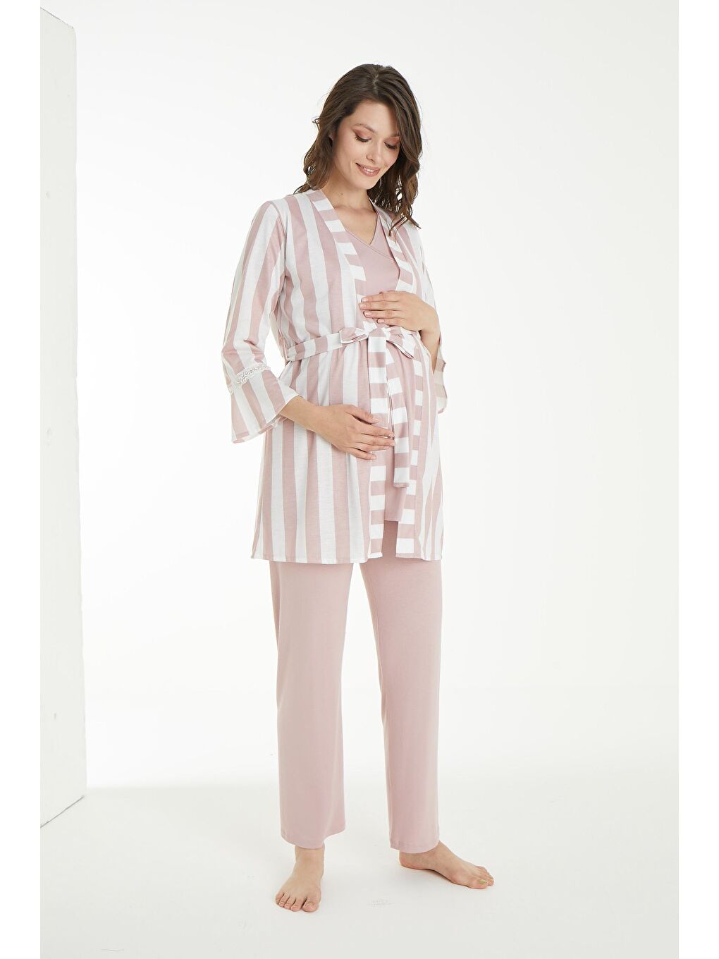 Pembe Pudra Beyaz Desen Sabahlıklı Hamile ve Lohusa Pijama Takımı-6