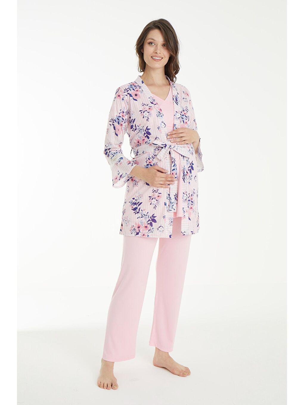 Pembe Çicek Desen Sabahlıklı Hamile ve Lohusa Pijama Takımı