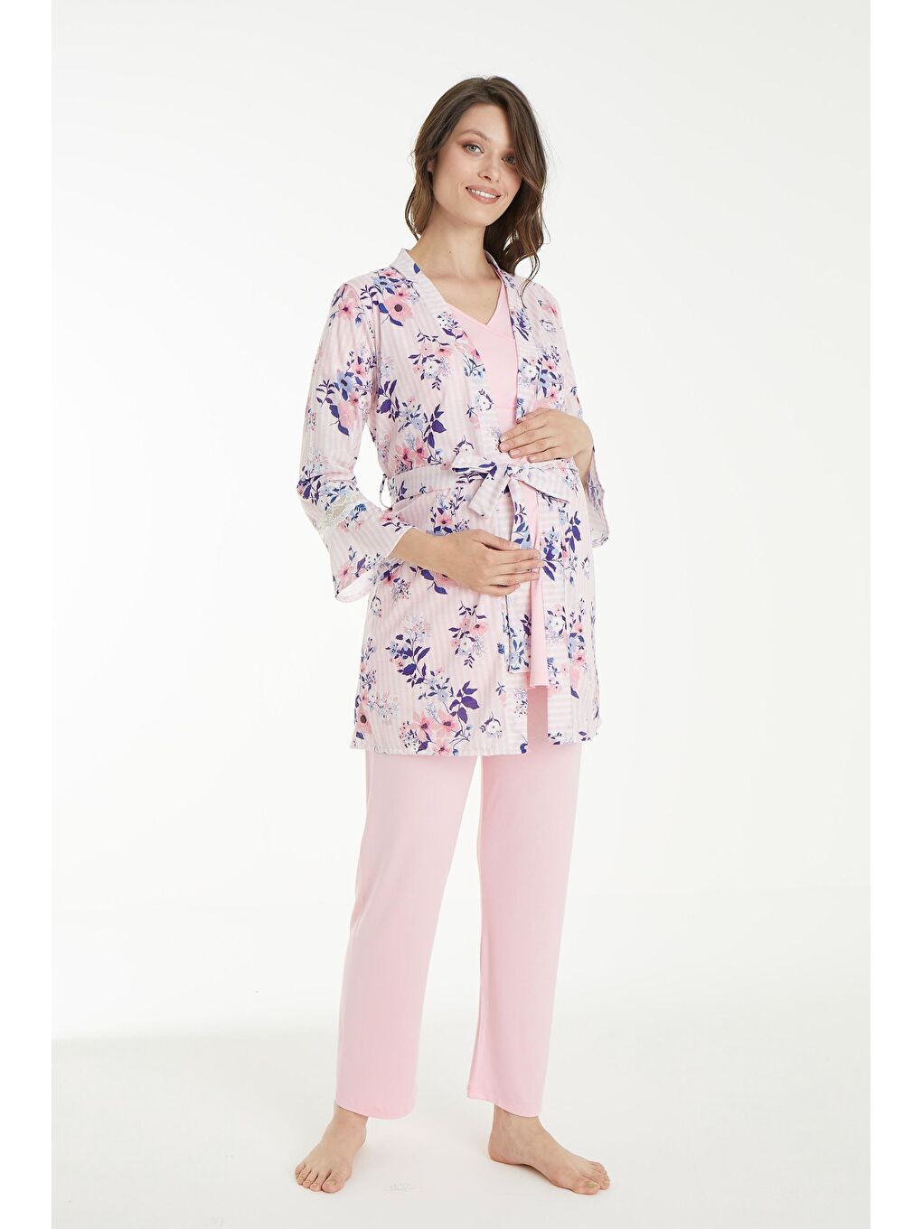 Pembe Çicek Desen Sabahlıklı Hamile ve Lohusa Pijama Takımı-1