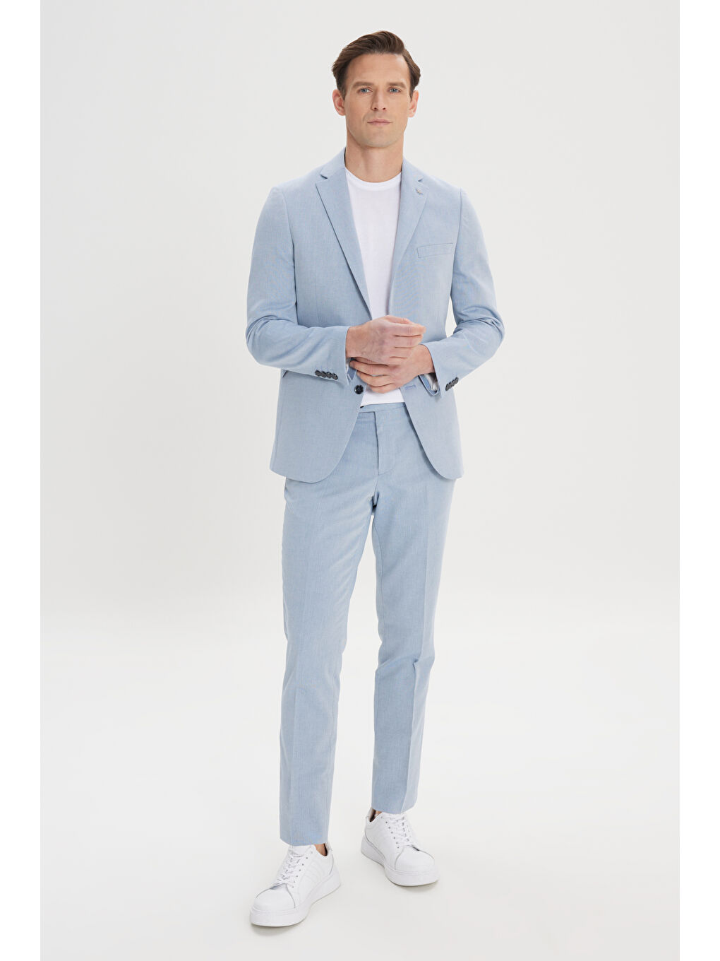 Erkek Mavi Slim Fit Mono Yaka Pamuklu Diagonal Desenli Takım Elbise-6