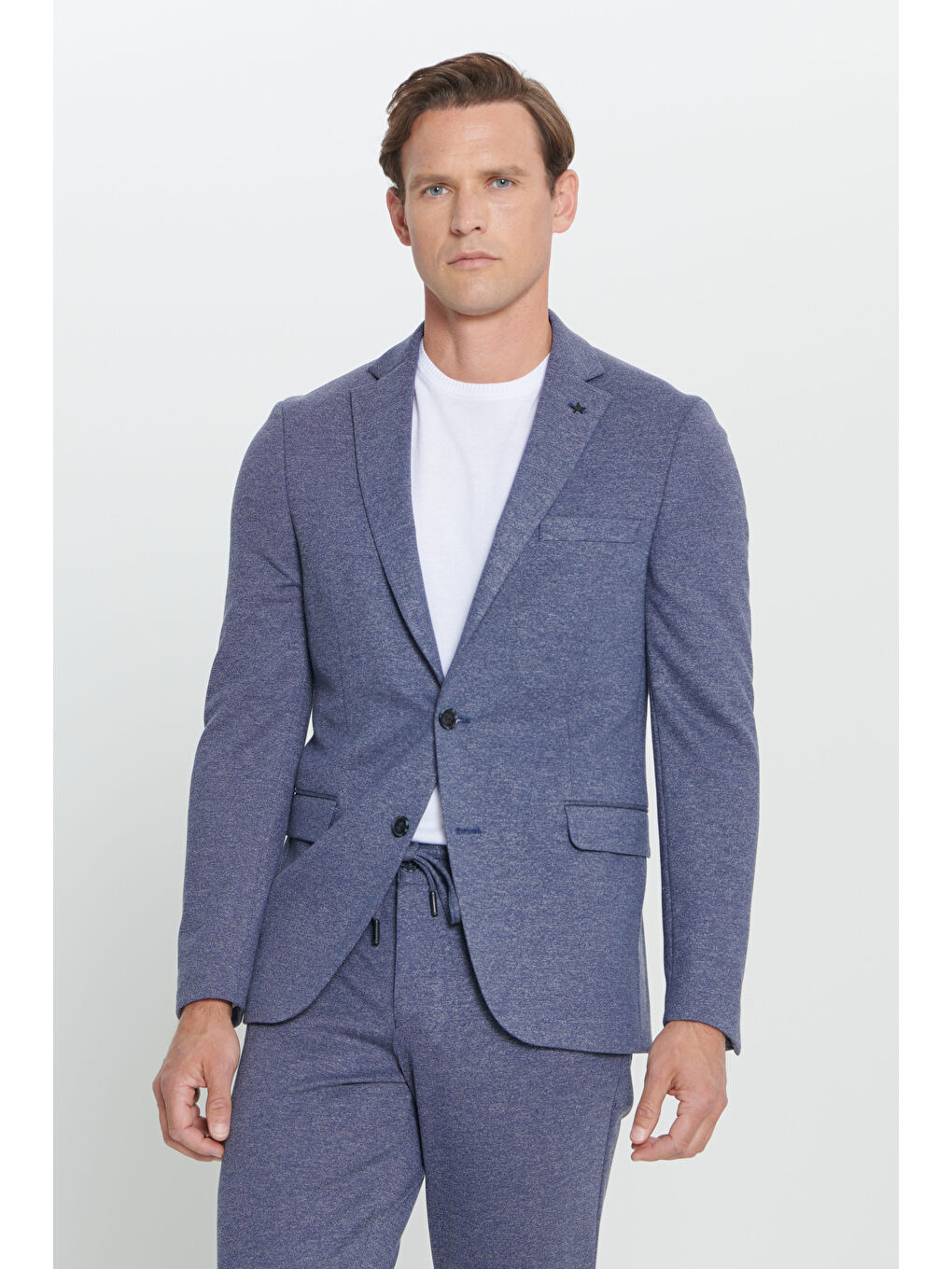 Erkek Lacivert-Beyaz Slim Fit Mono Yaka Desenli Beli Bağlamalı Takım Elbise-5