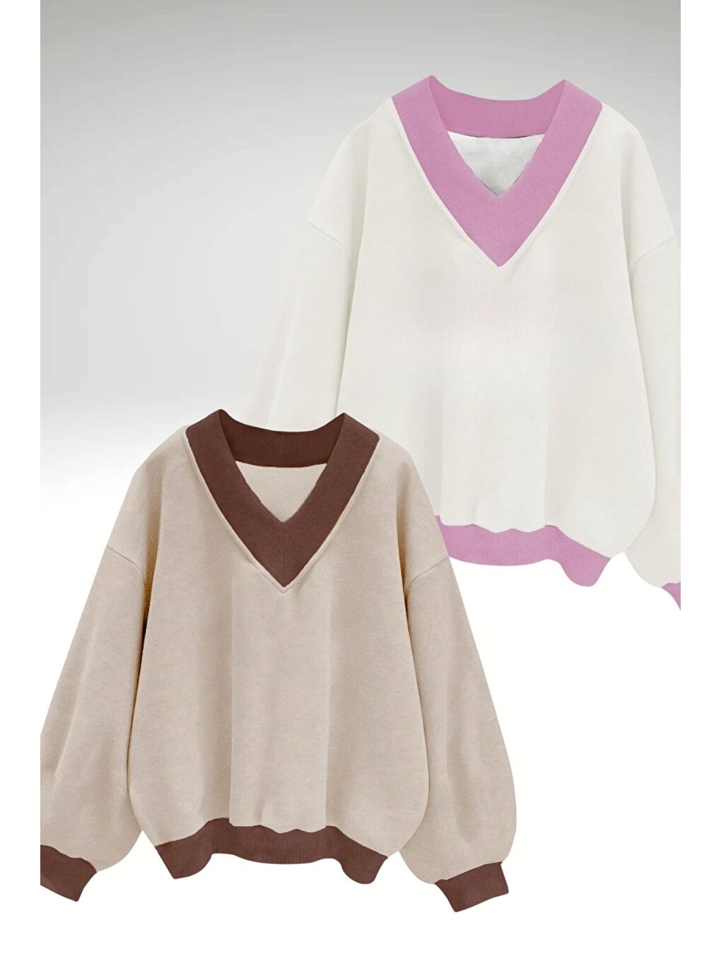 Kadın 3 Iplik Bej Beyaz Düz V Yaka Oversize 2Li Sweatshirt