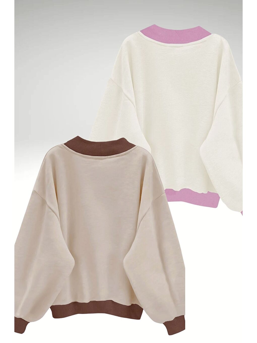 Kadın 3 Iplik Bej Beyaz Düz V Yaka Oversize 2Li Sweatshirt-1