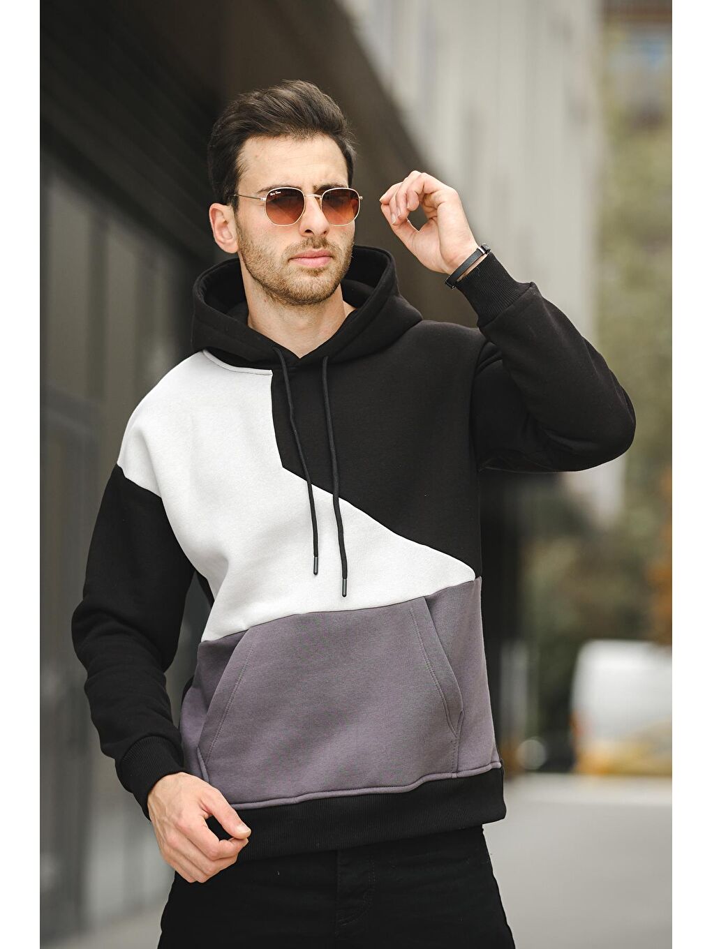 Oksit Siyah Üç İplik Pamuklu Parçalı Kapüşonlu Erkek Sweatshirt - 1