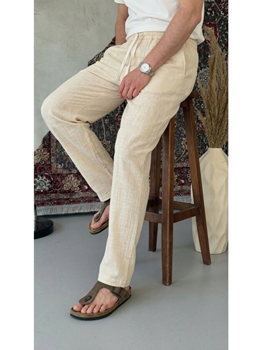 Bej Erkek İthal Yıkamalı Keten Pantolon-1