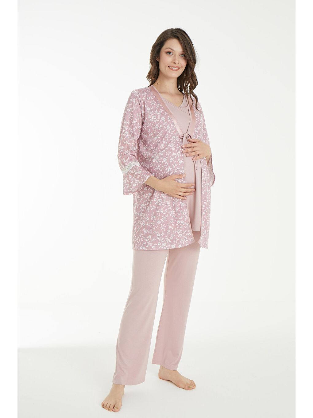 Pembe Pudra Çicek Desen Sabahlıklı Hamile ve Lohusa Pijama Takımı