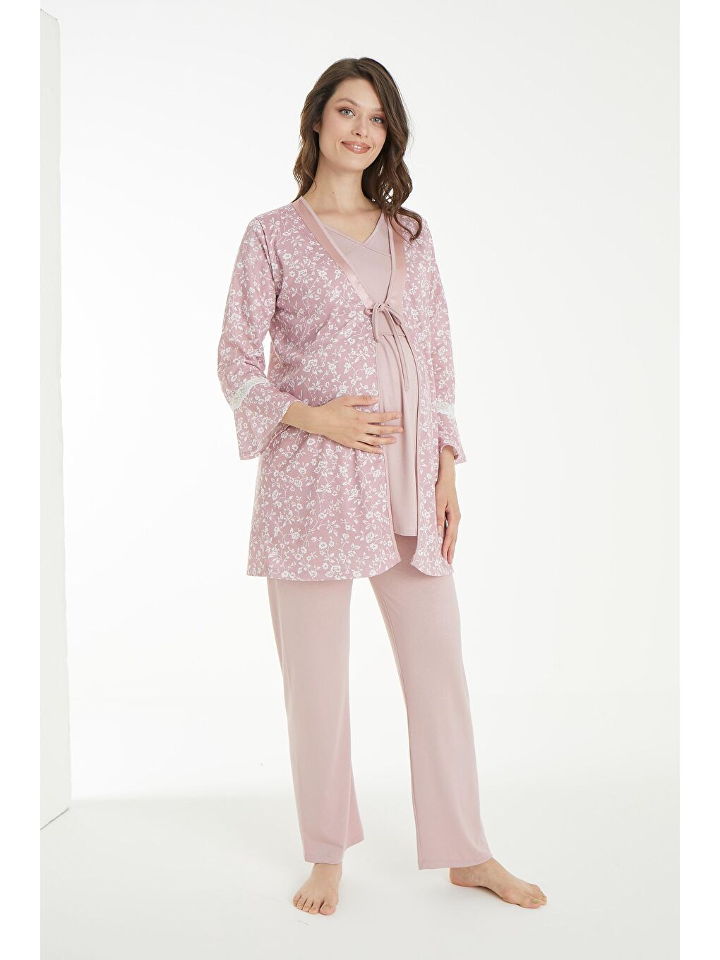 Pembe Pudra Çicek Desen Sabahlıklı Hamile ve Lohusa Pijama Takımı-1