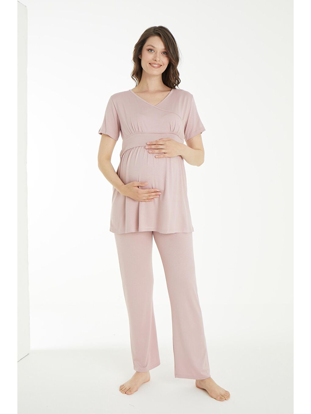 Pembe Pudra Çicek Desen Sabahlıklı Hamile ve Lohusa Pijama Takımı-2