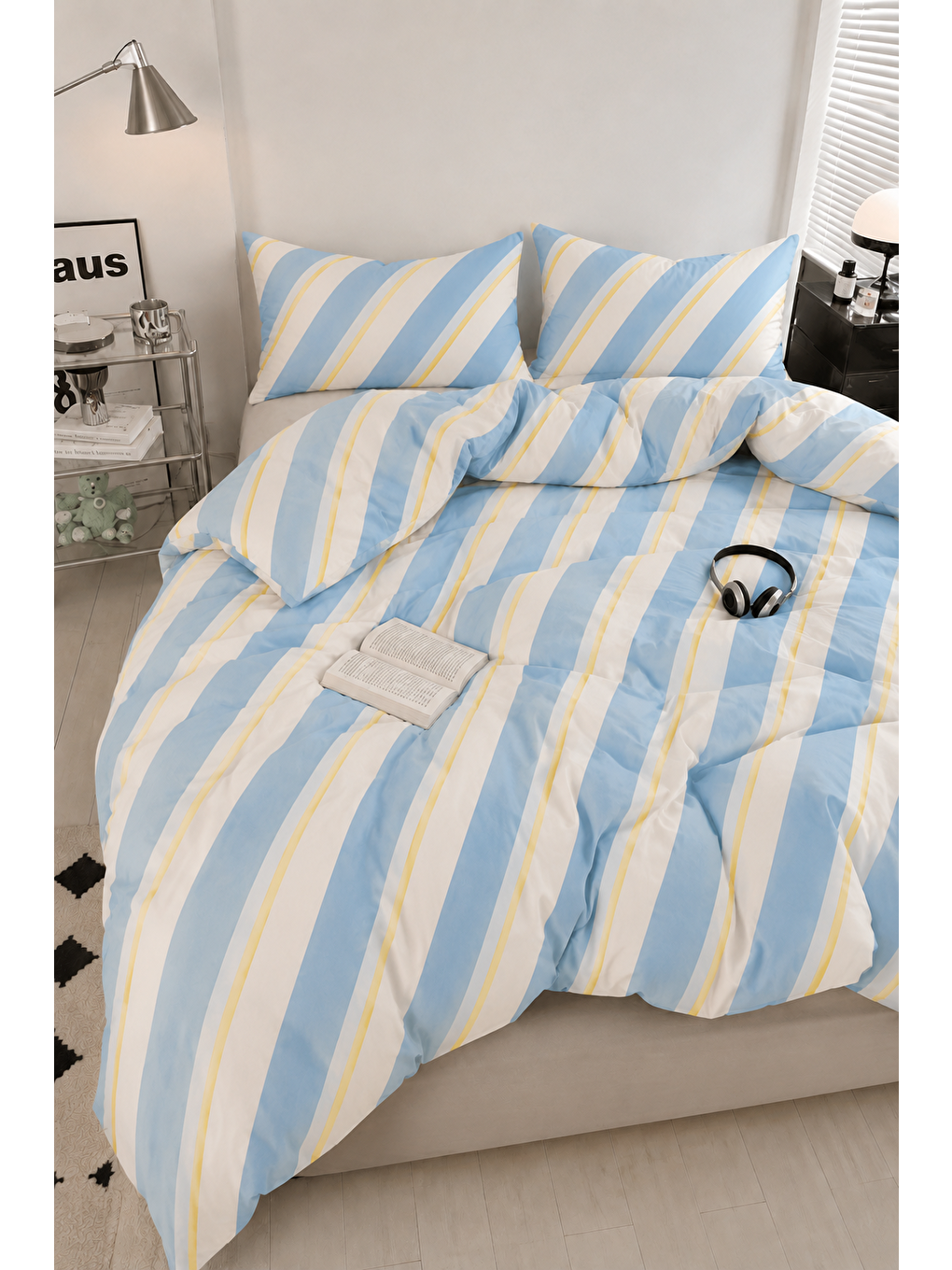 Ekru Çapraz Çizgili Modern Nevresim Seti Bebe Mavi Ve Sarı 200x220 Çift Kişilik Yorgan Kılıfı-1