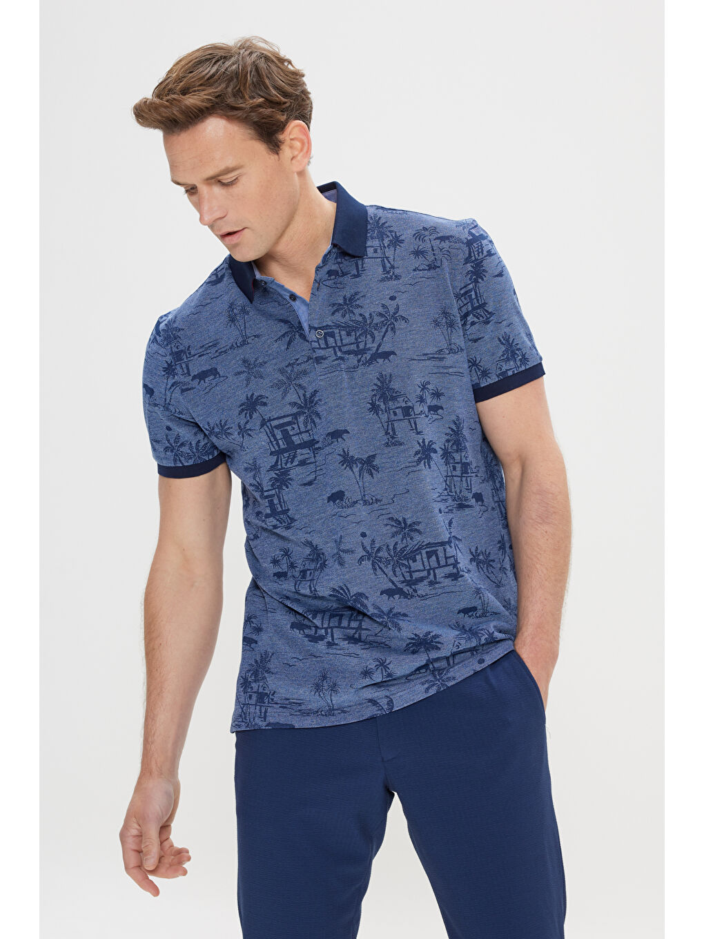 Erkek İndigo Slim Fit Dar Kesim %100 Pamuk Desenli Polo Yaka Tişört-2