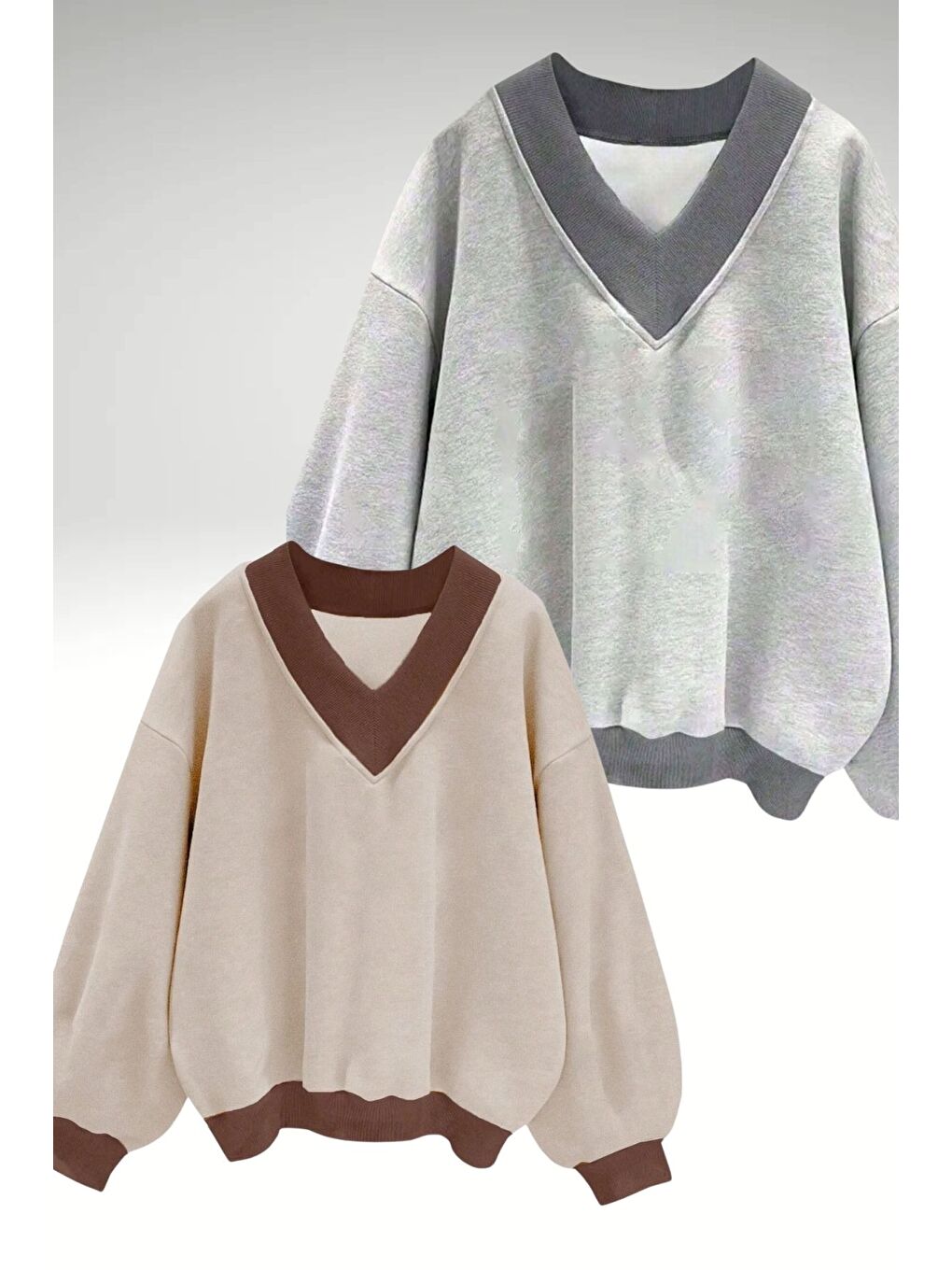 Kadın 3 Iplik Bej Gri Düz V Yaka Oversize 2Li Sweatshirt