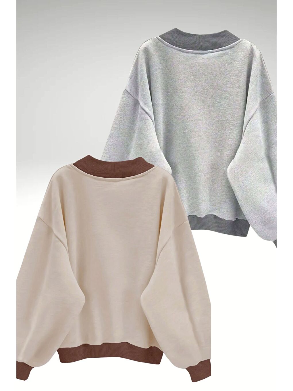 Kadın 3 Iplik Bej Gri Düz V Yaka Oversize 2Li Sweatshirt-1