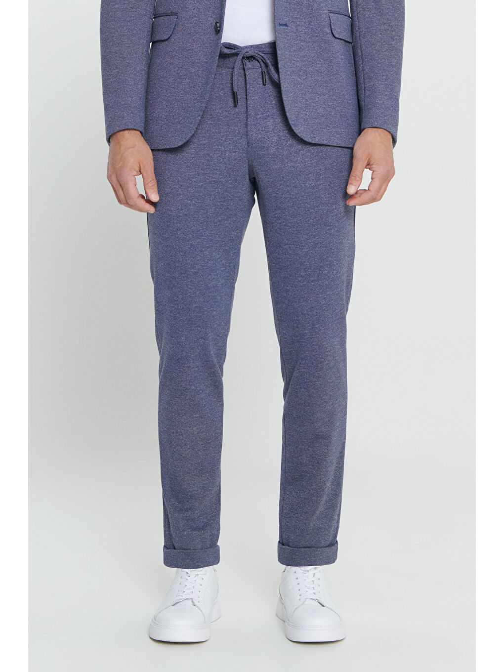 Erkek Lacivert-Beyaz Slim Fit Mono Yaka Desenli Beli Bağlamalı Takım Elbise-6