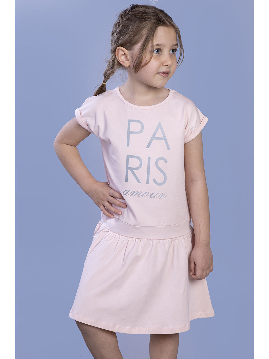 Pembe Kız Çocuk Reflektör Baskılı Elbise