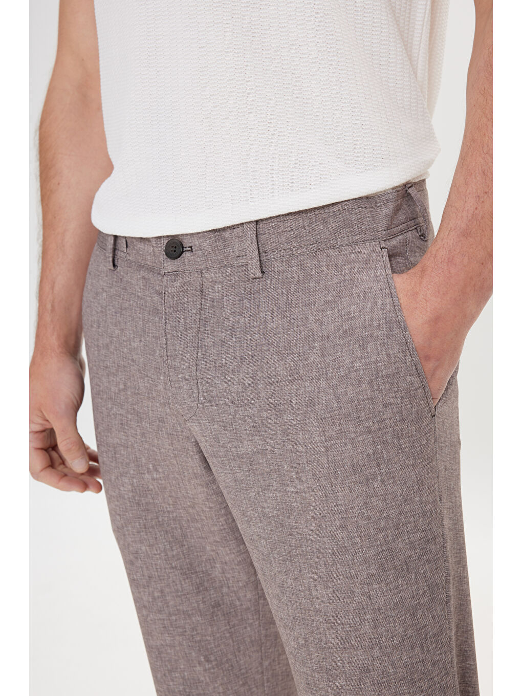 Bej Erkek Vizon Slim Fit Mono Yaka Beli Bağlamalı Desenli Takım Elbise-7