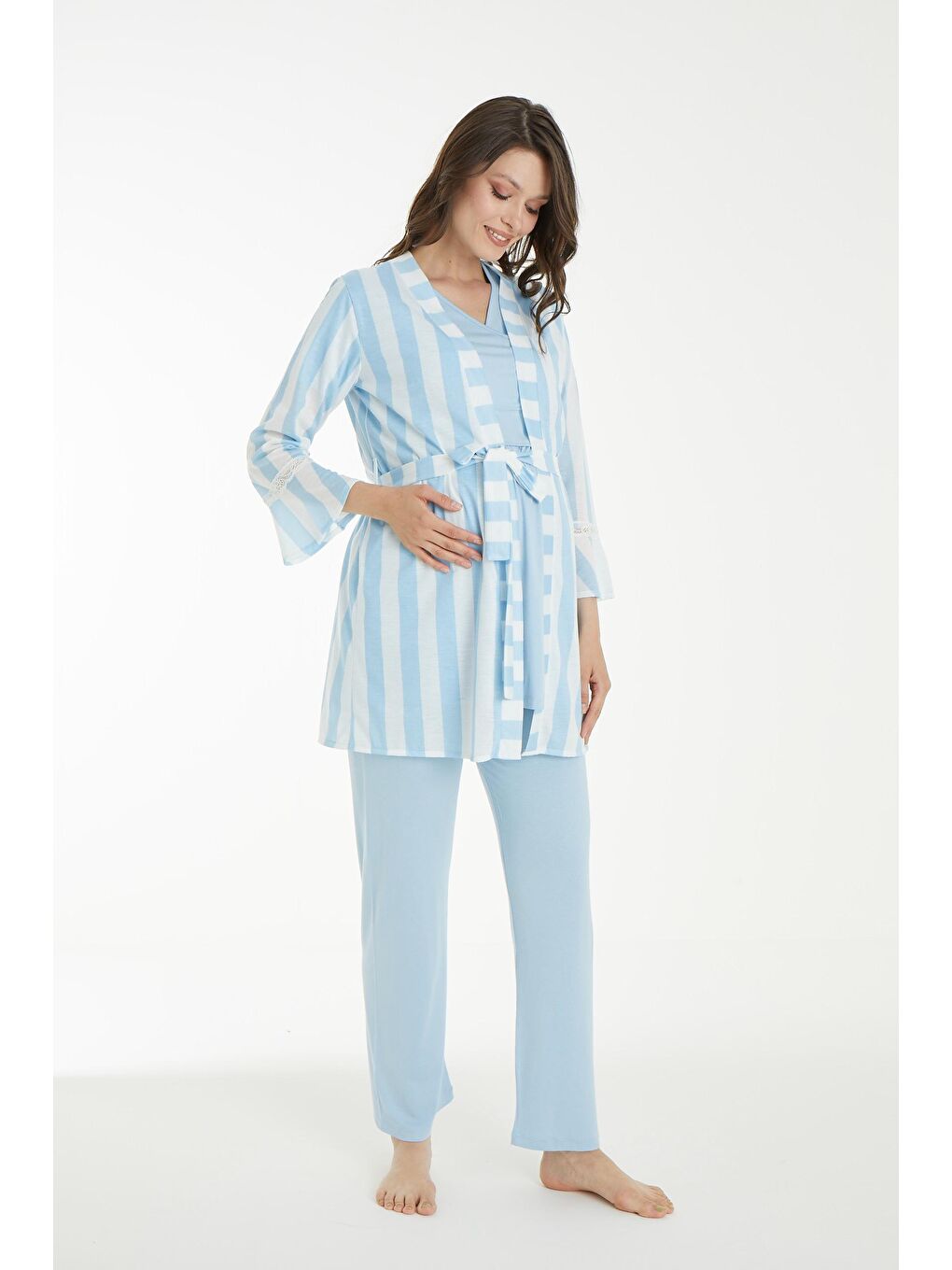 Mavi Beyaz Çizgi Desen Sabahlıklı Hamile ve Lohusa Pijama Takımı