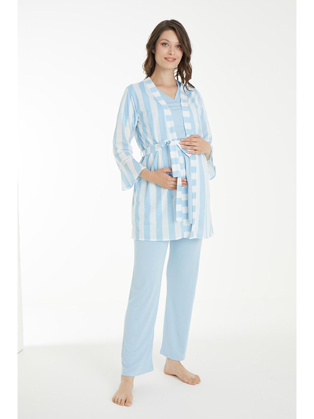 Mavi Beyaz Çizgi Desen Sabahlıklı Hamile ve Lohusa Pijama Takımı-1