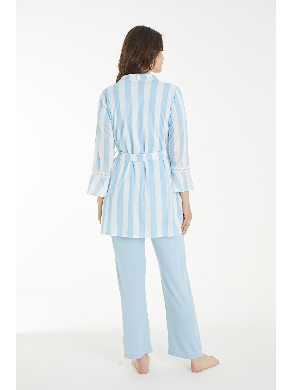 Mavi Beyaz Çizgi Desen Sabahlıklı Hamile ve Lohusa Pijama Takımı-2