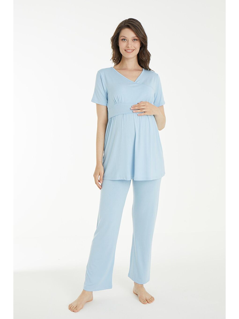 Mavi Beyaz Çizgi Desen Sabahlıklı Hamile ve Lohusa Pijama Takımı-3