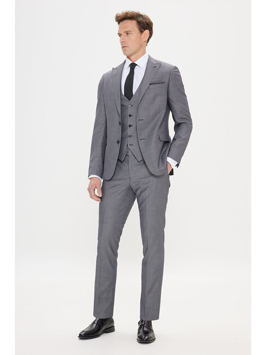 Erkek Gri-Siyah Slim Fit Kırlangıç Yaka Desenli Yelekli Takım Elbise