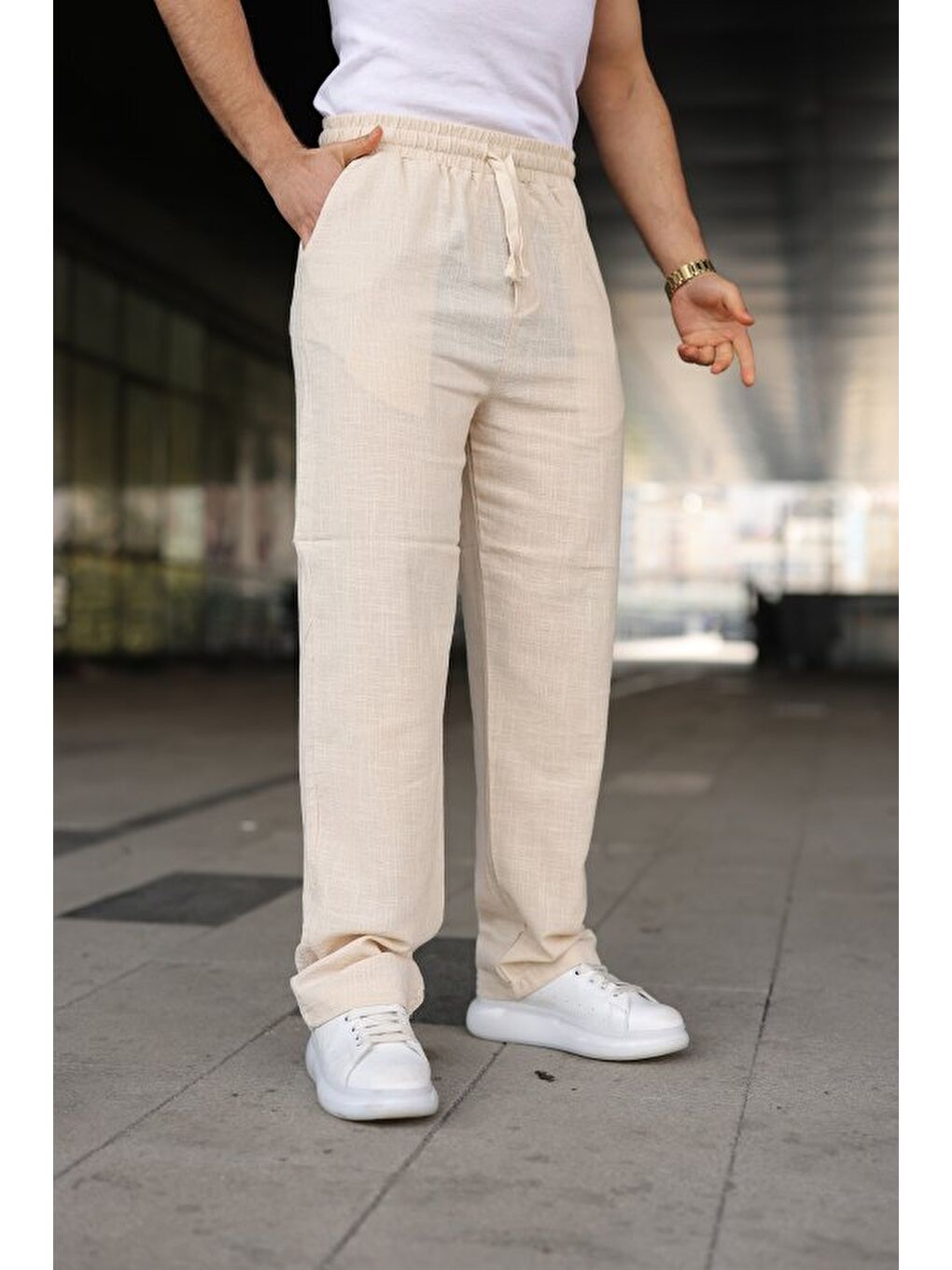 Bej Erkek İthal Yıkamalı Keten Pantolon-4