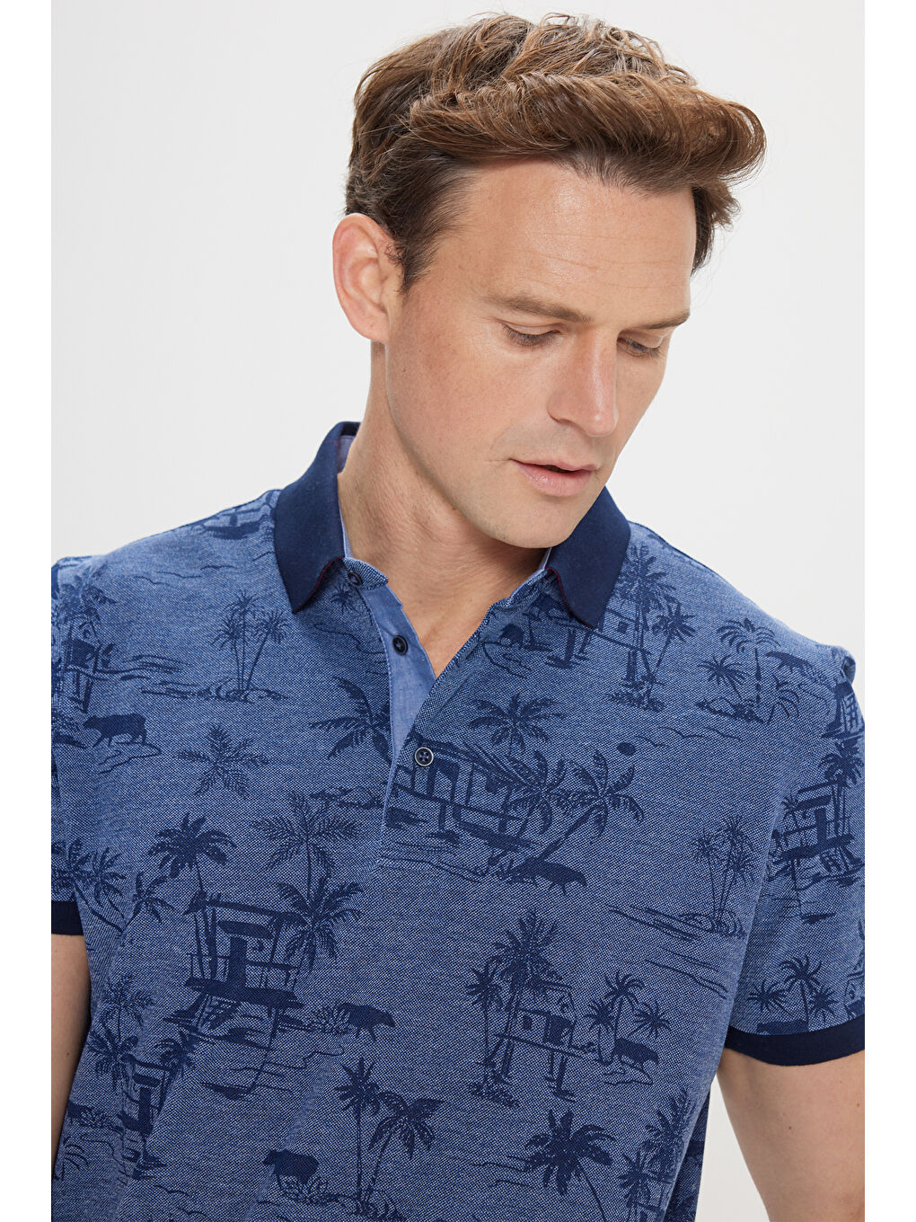 Erkek İndigo Slim Fit Dar Kesim %100 Pamuk Desenli Polo Yaka Tişört-3