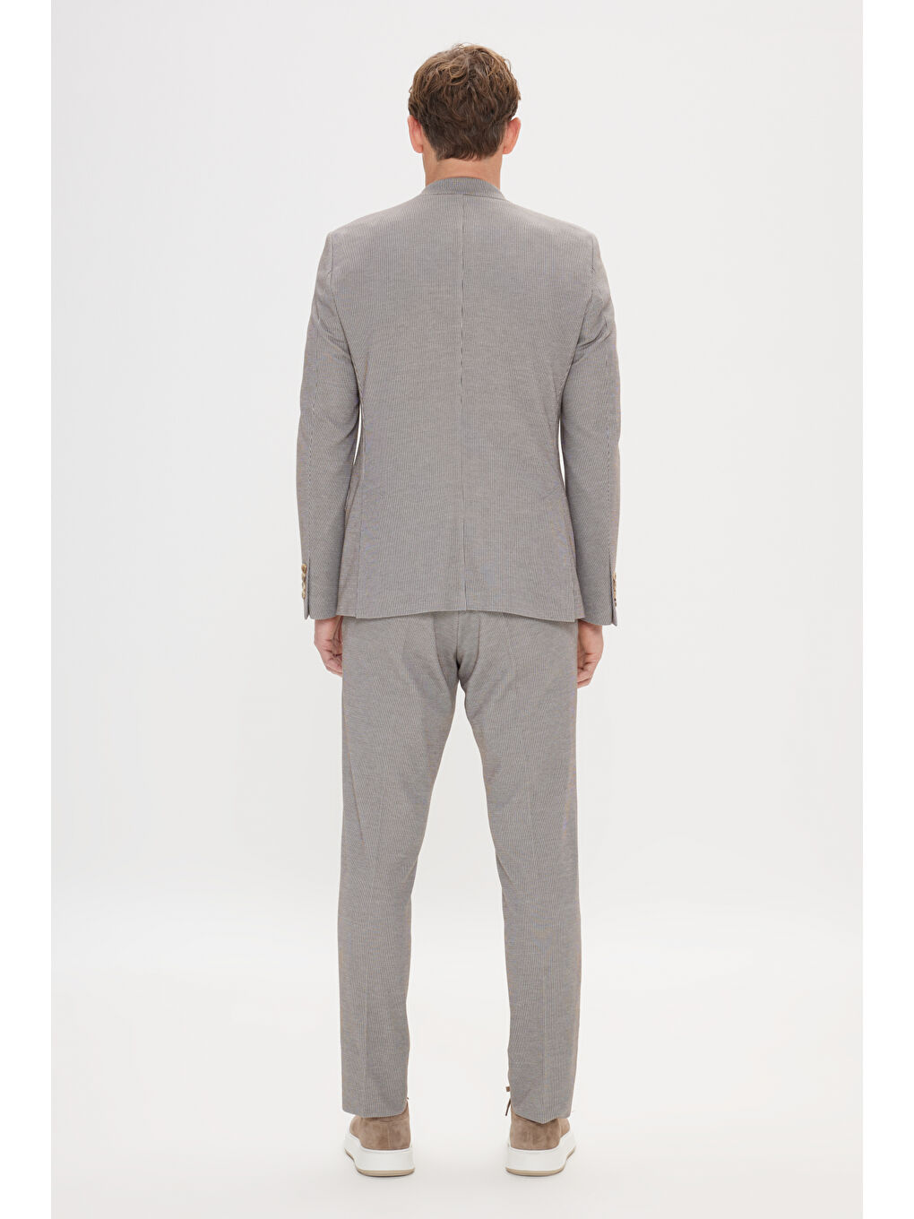 Bej Erkek Vizon Slim Fit Dar Kesim Mono Yaka Çizgili Takım Elbise-6