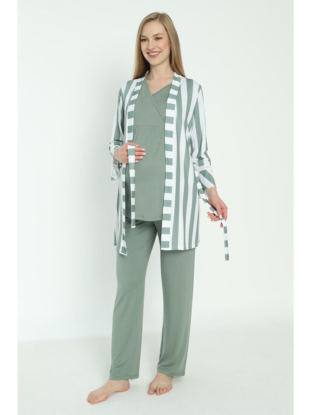 Yeşil Beyaz Çizgi Desen Sabahlıklı Hamile ve Lohusa Pijama Takımı