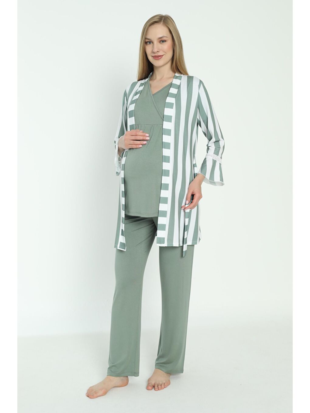 Yeşil Beyaz Çizgi Desen Sabahlıklı Hamile ve Lohusa Pijama Takımı-1