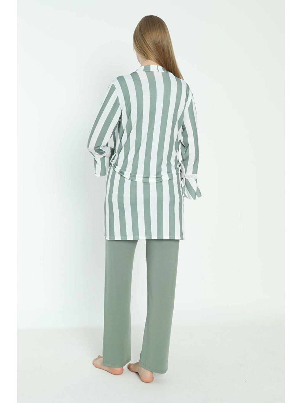 Yeşil Beyaz Çizgi Desen Sabahlıklı Hamile ve Lohusa Pijama Takımı-2