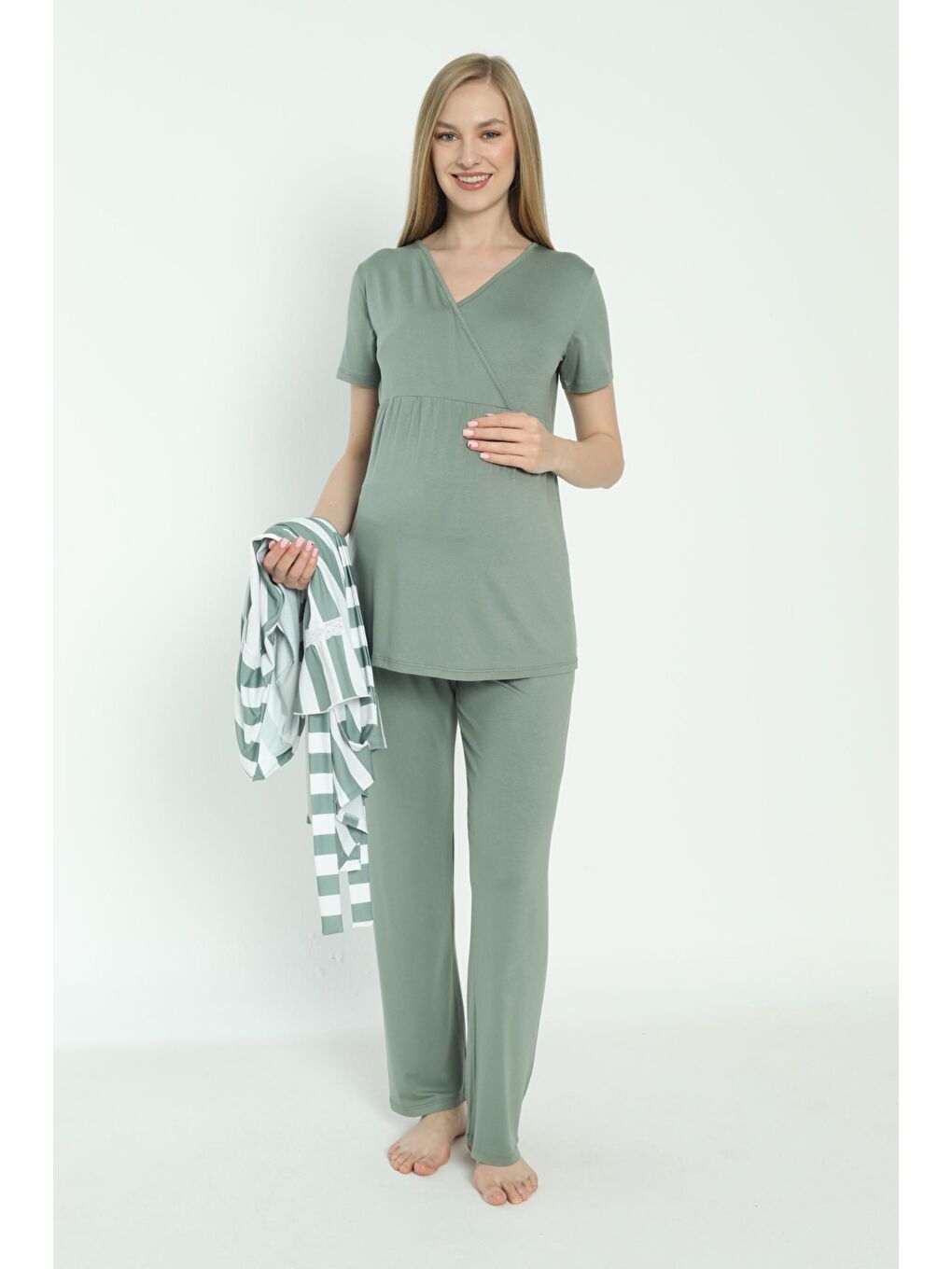 Yeşil Beyaz Çizgi Desen Sabahlıklı Hamile ve Lohusa Pijama Takımı-3