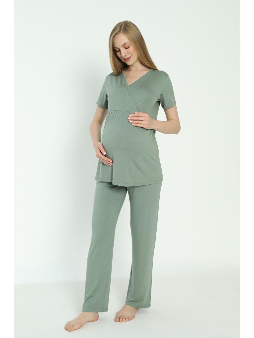 Yeşil Beyaz Çizgi Desen Sabahlıklı Hamile ve Lohusa Pijama Takımı-4