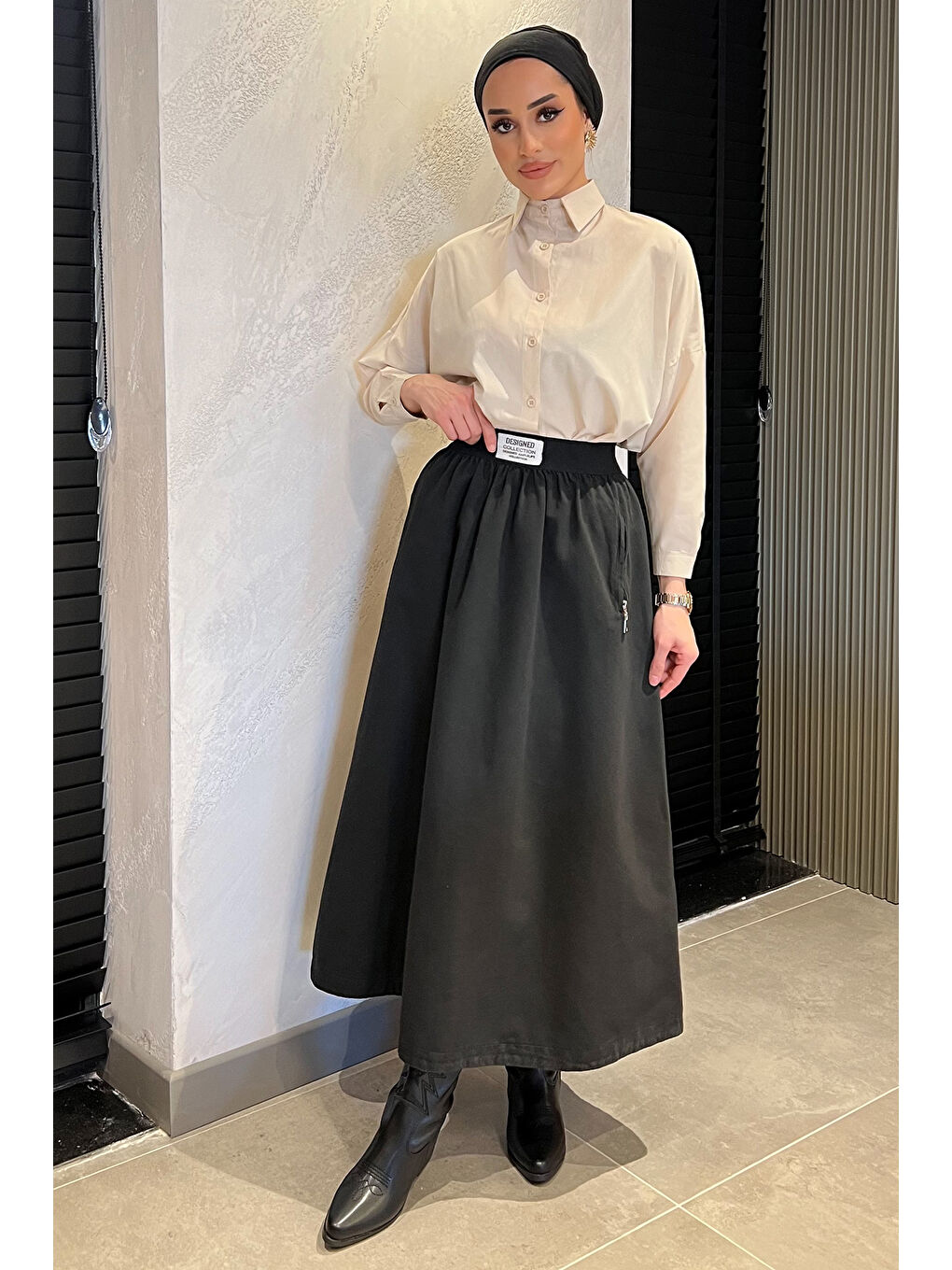 Siyah Kadın Cep Fermuarlı Bel Lastikli Tesettür Gabardin Etek-2