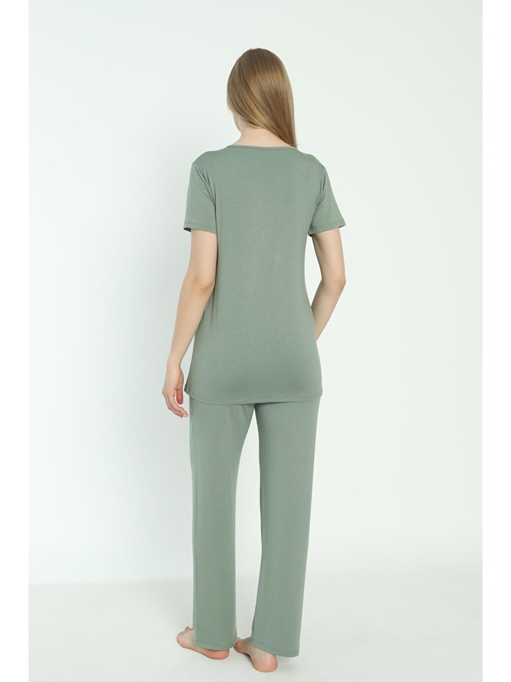 Yeşil Beyaz Çizgi Desen Sabahlıklı Hamile ve Lohusa Pijama Takımı-5