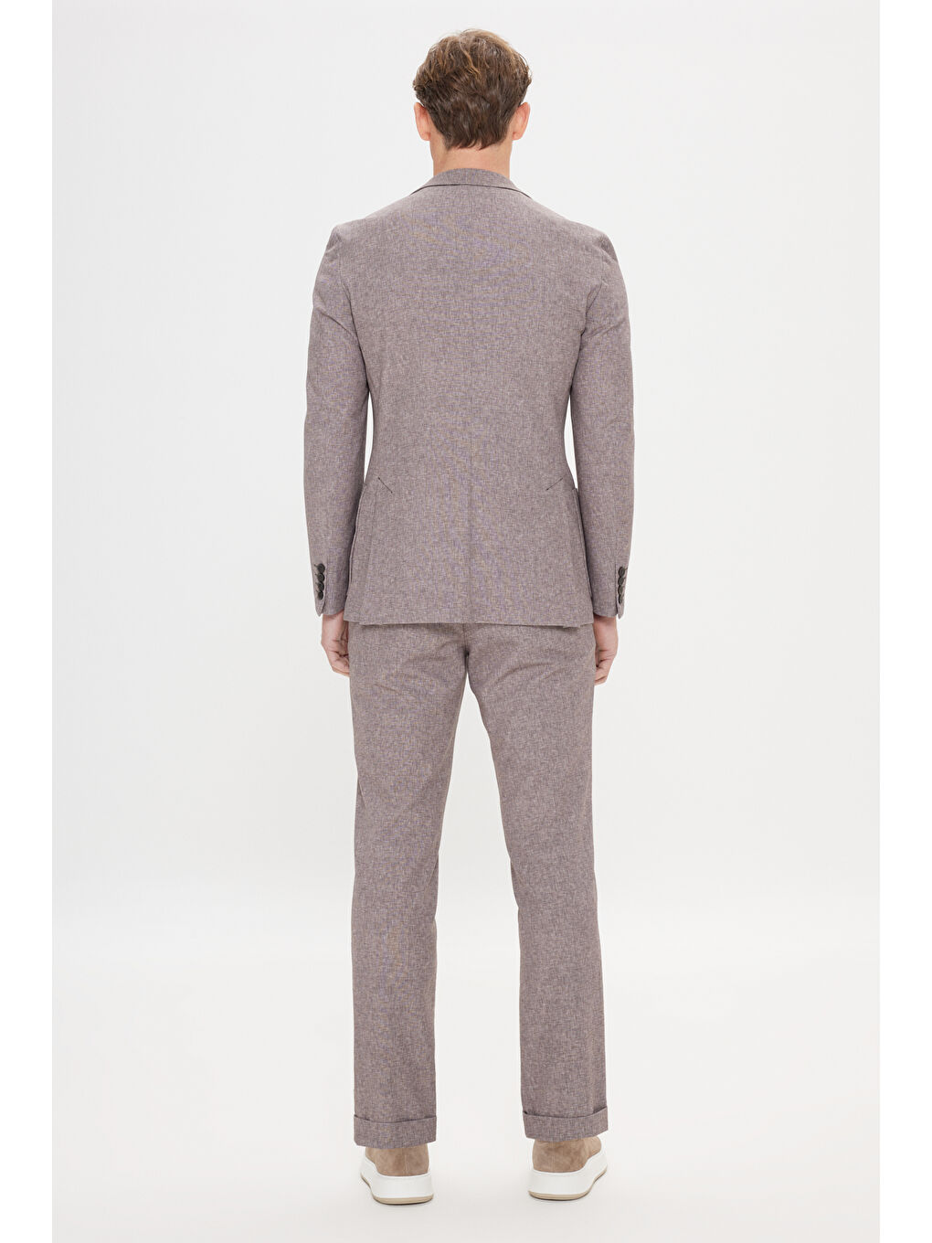 Bej Erkek Vizon Slim Fit Mono Yaka Beli Bağlamalı Desenli Takım Elbise-8