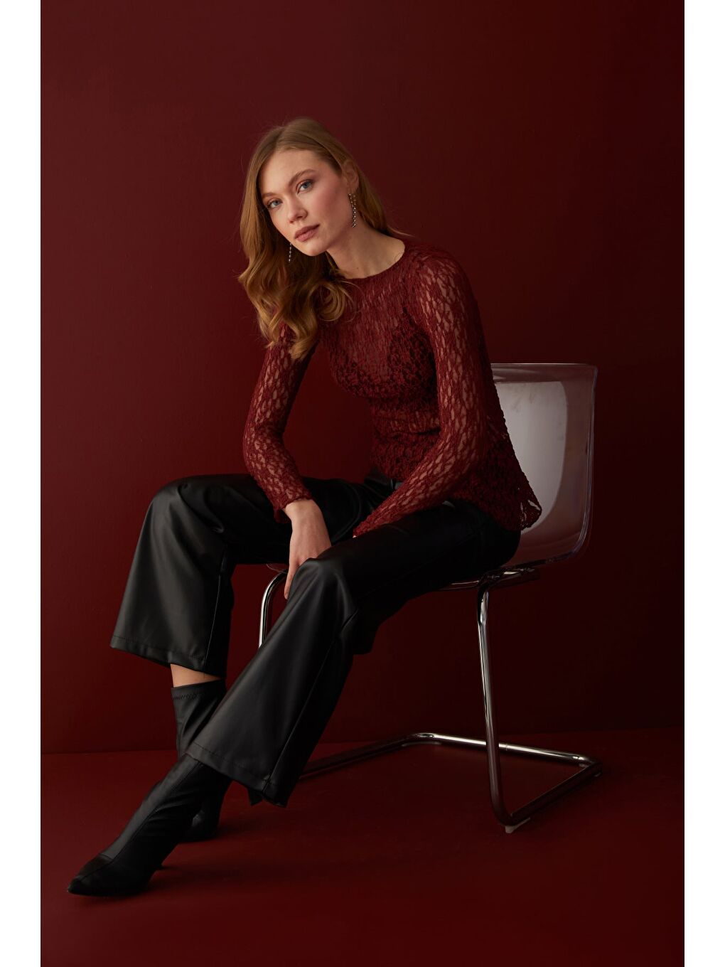 Bordo Elastanlı Asimetrik Dantel Bluz-1