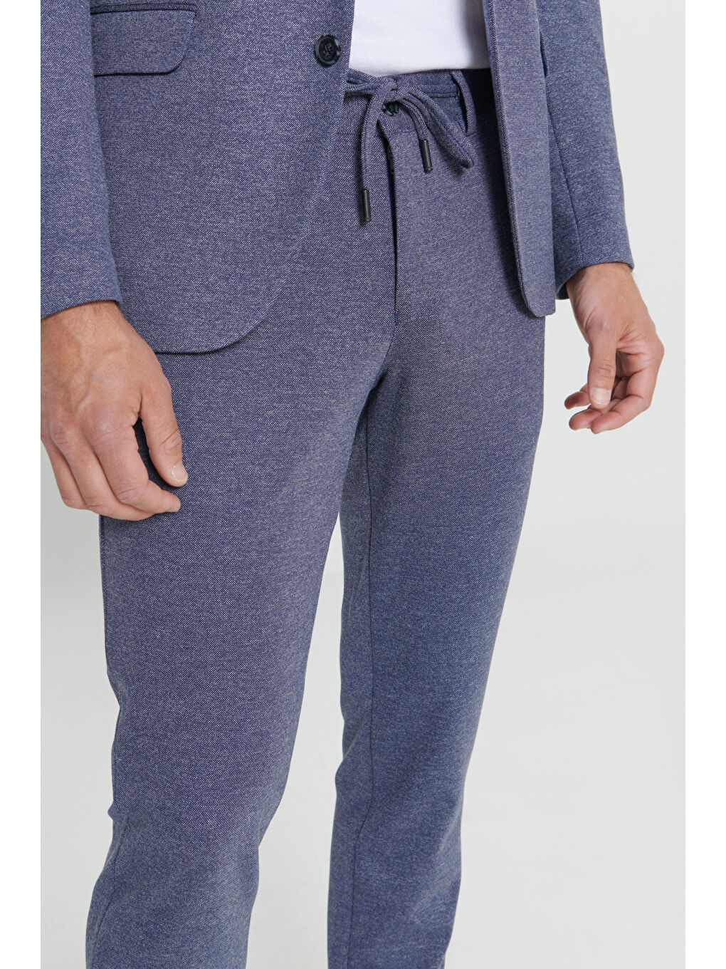 Erkek Lacivert-Beyaz Slim Fit Mono Yaka Desenli Beli Bağlamalı Takım Elbise-7