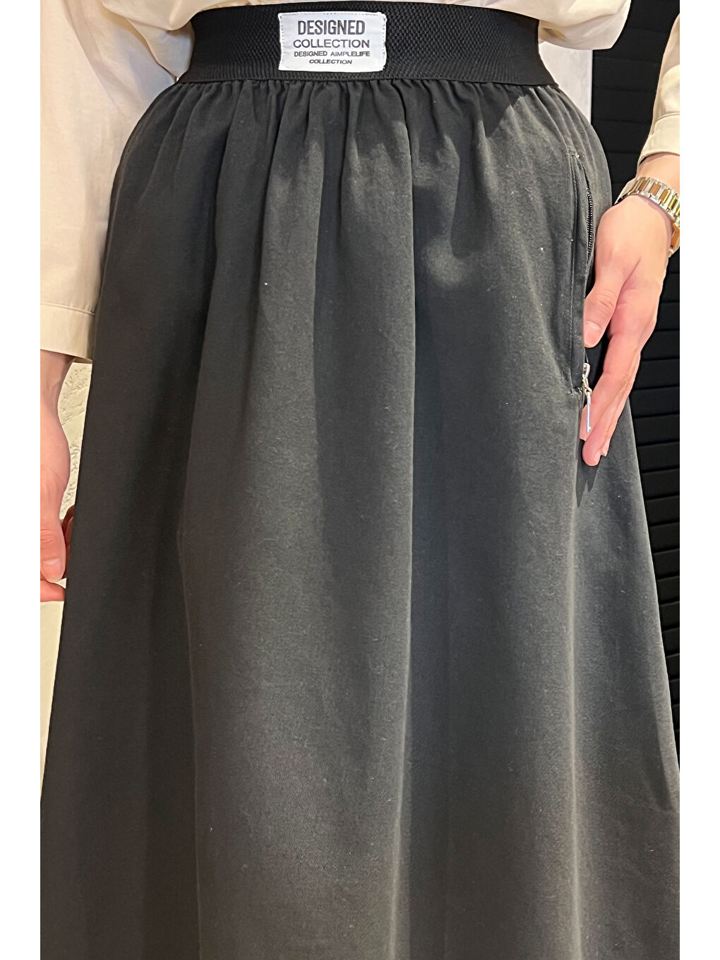 Siyah Kadın Cep Fermuarlı Bel Lastikli Tesettür Gabardin Etek-5