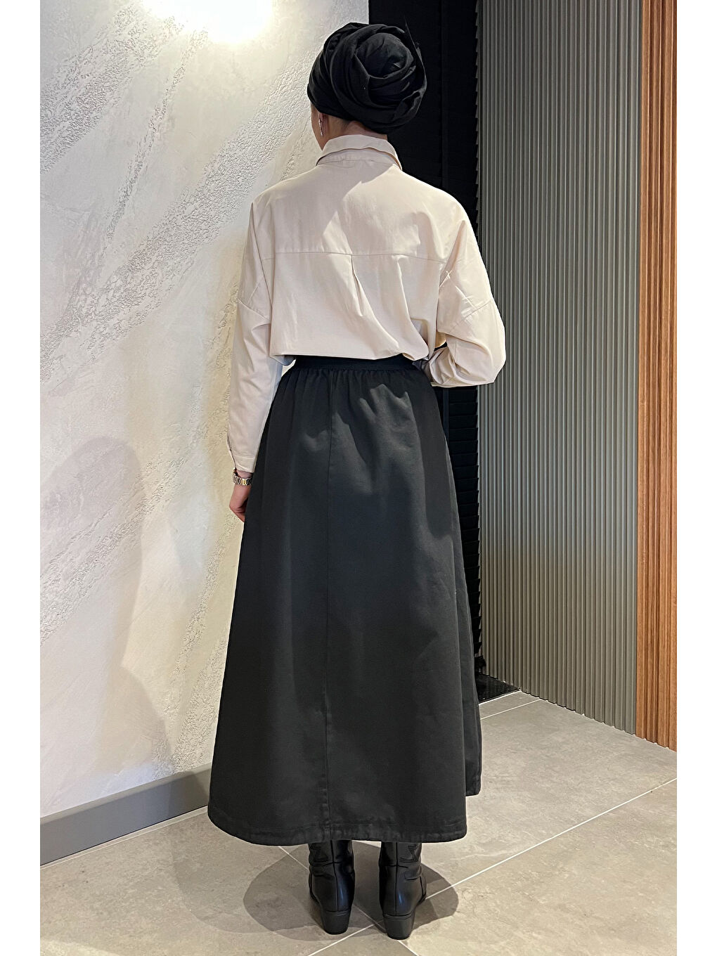 Siyah Kadın Cep Fermuarlı Bel Lastikli Tesettür Gabardin Etek-6