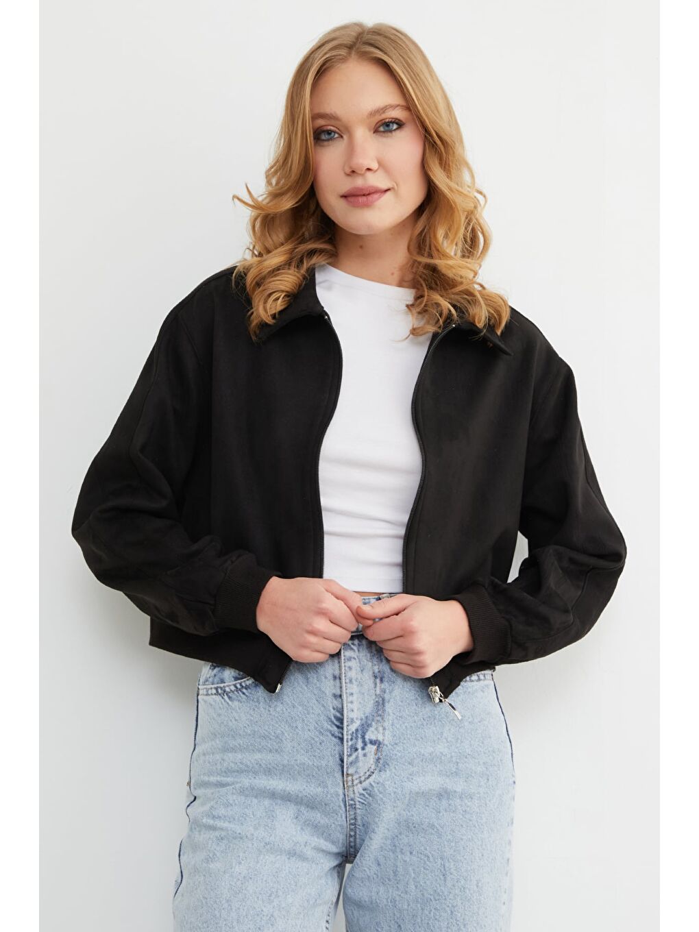 Siyah Fermuarlı Polo Yaka Süet Bomber Ceket-1