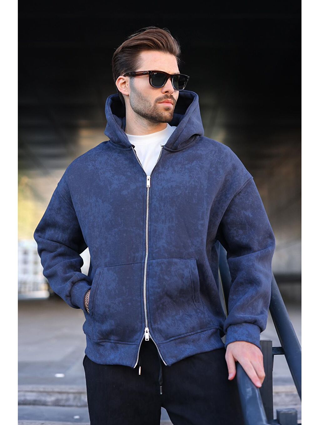 Lacivert Çift Fermuarlı Batik Desenli Erkek Hırka E7175