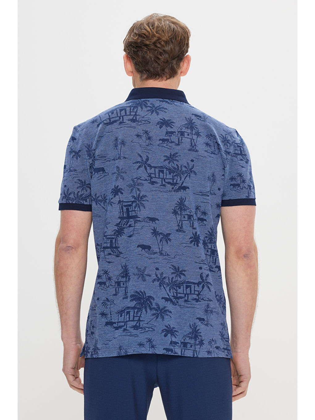Erkek İndigo Slim Fit Dar Kesim %100 Pamuk Desenli Polo Yaka Tişört-4