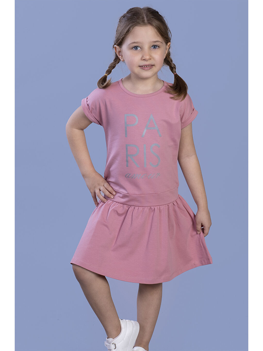 Pembe Kız Çocuk Reflektör Baskılı Elbise
