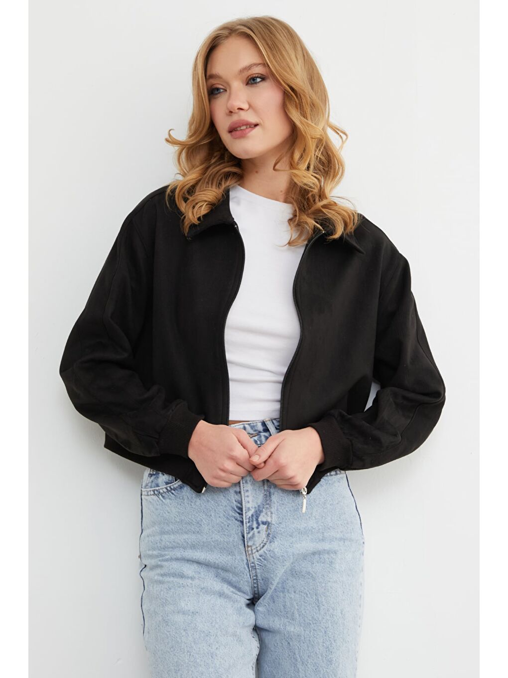 Siyah Fermuarlı Polo Yaka Süet Bomber Ceket-2