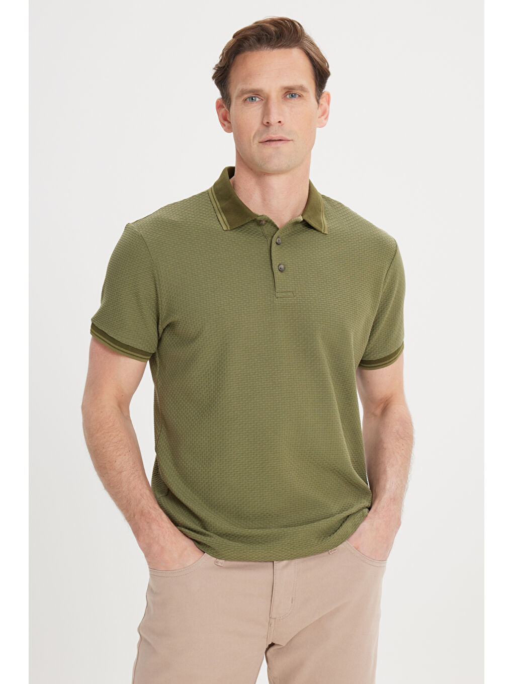 Erkek Haki Slim Fit Dar Kesim %100 Pamuk Polo Yaka Armürlü Tişört-2