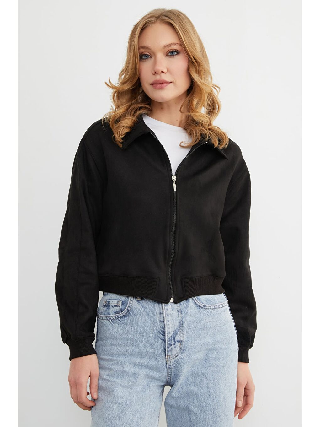 Siyah Fermuarlı Polo Yaka Süet Bomber Ceket-3