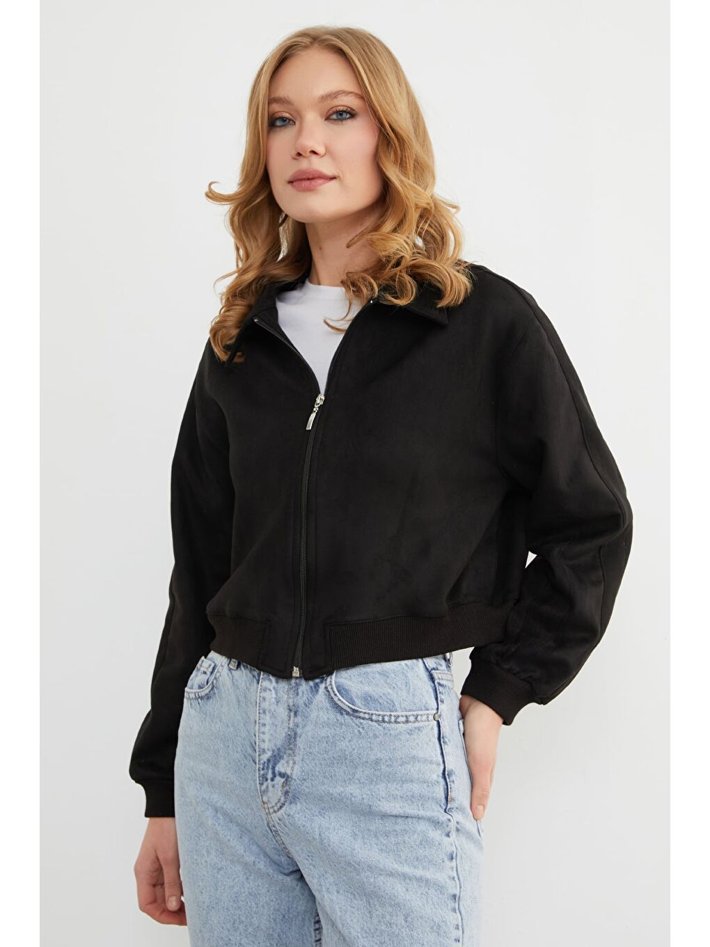 Siyah Fermuarlı Polo Yaka Süet Bomber Ceket-4