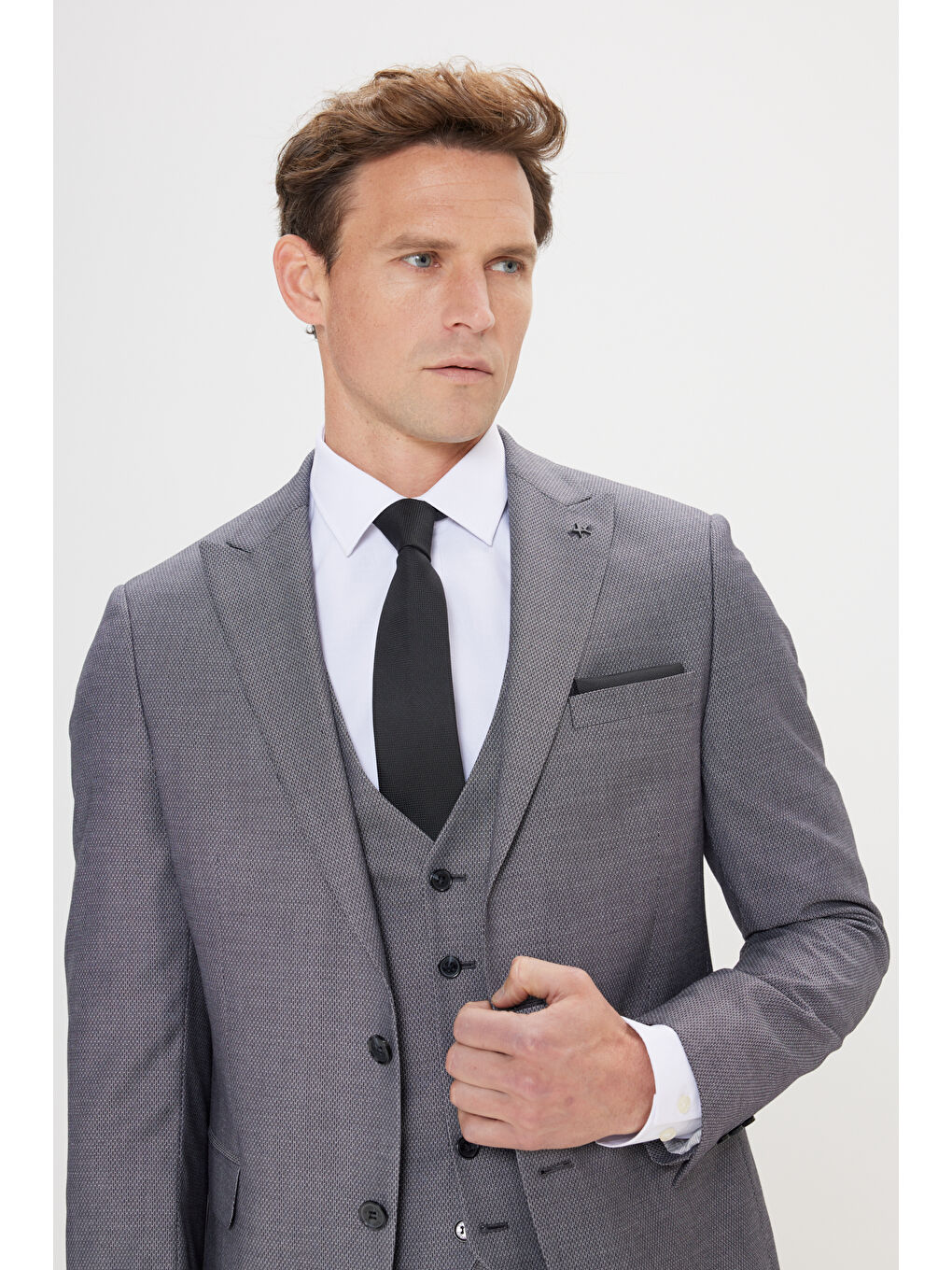 Erkek Gri-Siyah Slim Fit Kırlangıç Yaka Desenli Yelekli Takım Elbise-3