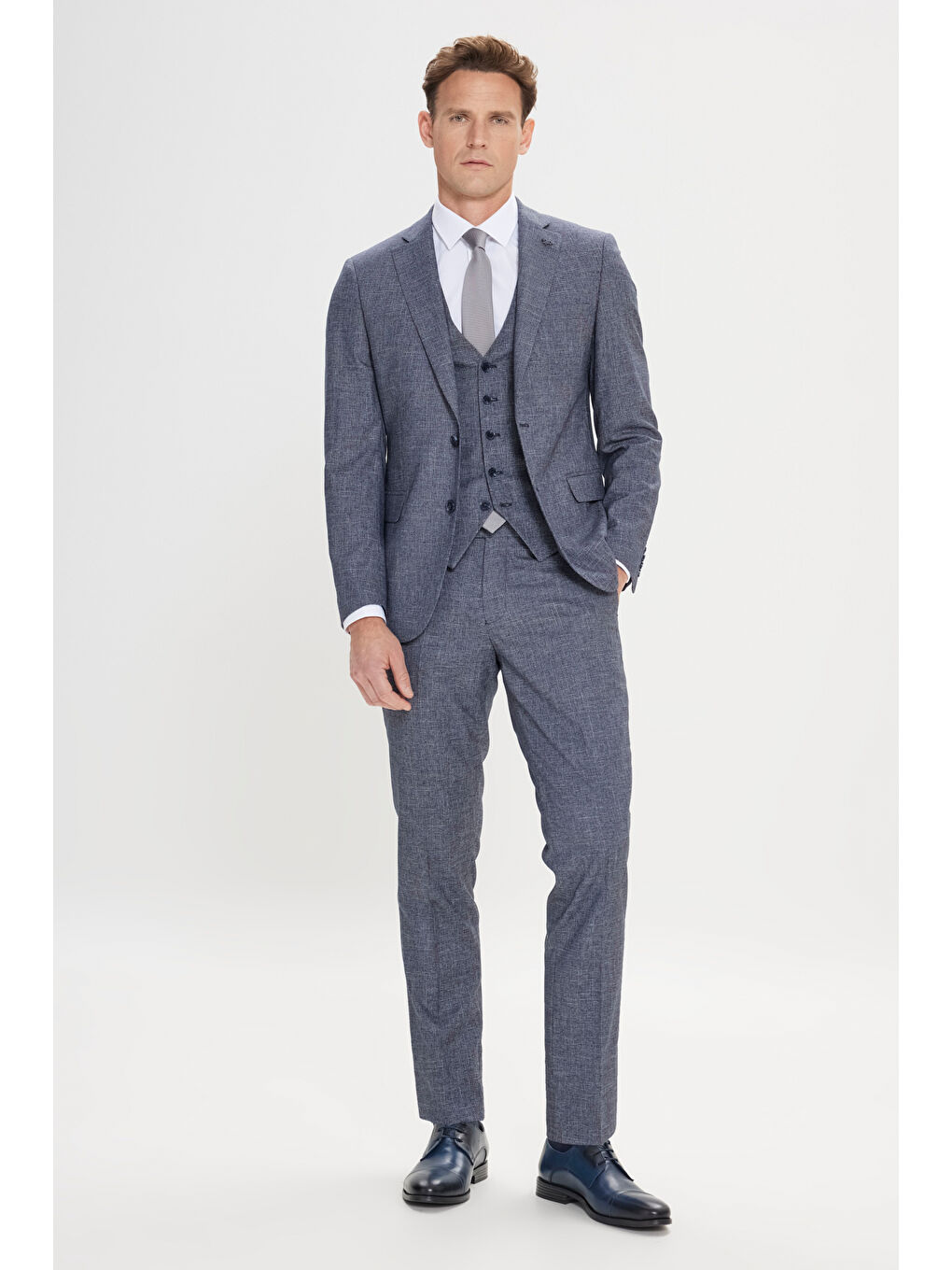 Erkek Lacivert-Beyaz Ekstra Slim Fit Mono Yaka Desenli Yelekli Takım Elbise